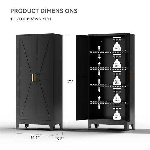 Image of Farmhouse Pantry Cabinet with Barn Doors, 71 inch H x 31.5 inch W, 5-Tier Metal Storage Cabinet with 4 Adjustable Shelves for Kitchen Garage Dining Room, Black 1 Pack