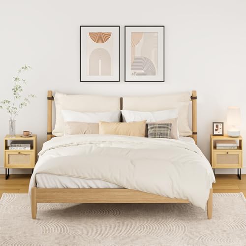 Image of Rattan Nightstand, Boho Night Stand Farmhouse Wood Bedside Table with Storage and Open Shelf, End Side Accent Table for Bedroom,Living Room,Oak