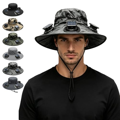3-in-1 Hands-Free Hat Fan Three Solar Fan Outdoor Cooling Fan Hat UPF 50+ Removable&Type-C Charg Solar Fan Hat for Men Women (Washed Gray)