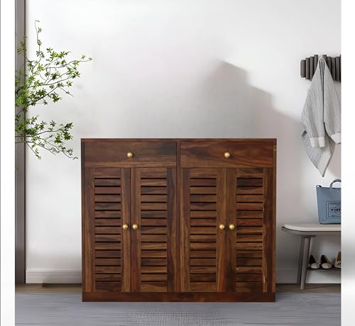 Image of PLANKO Asiya Acacia Shoe Rack with 4 Shelves & 2 Drawers | Keeps 20 Pair Shoes | Wooden Shoe Stand for Home | Space Saving Storage Rack (Walnut)