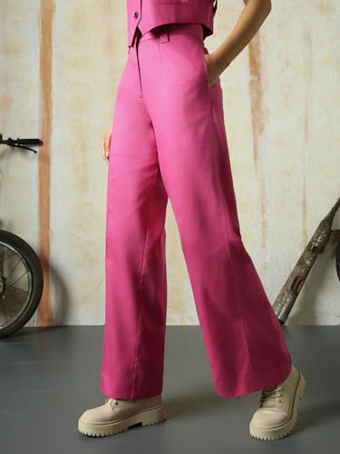 Image of High Star Women High Rise Solid Regular Length Wide Leg Casual Trousers