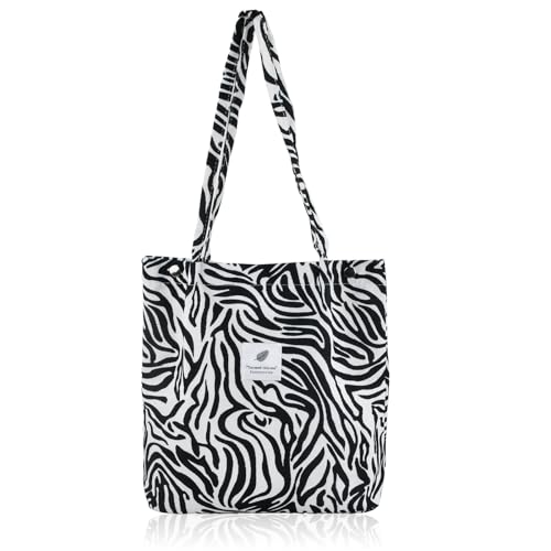 Wisebom Bolso de Hombro de Pana, Bolso Tote Moda Leopardo Bolso Shopper Mujer Cebra, Bolsa de Compras Gran Capacidad Bandolera de Pana para Uso Diario Escuela Viajes (Cebra)