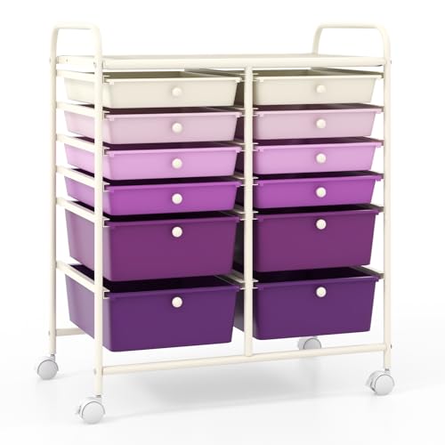 Moccha 12-Drawer Rolling Storage Cart - Utility Cart on Wheels with Lockable Casters for Craft Art Supply Paper Salon, Mobile Drawer Carts for Classroom Teacher School Office (Gradient Purple)