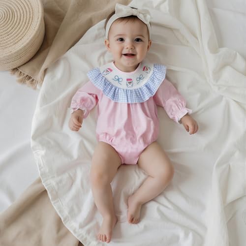 Newborn Infant Baby Girl Christmas Outfit Embroidery Long Sleeve Smocked Bubble Romper Ruffle Bodysuit3