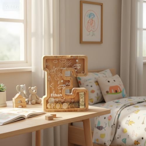 Image of UBeesize Large Piggy Banks for Boys Girls,Twenty-Six English Alphabet,Wooden Personalized Bills and Coins Bank Money Bank,DIY Name Birthday Gift,Bedroom Living Room Decoration(E)
