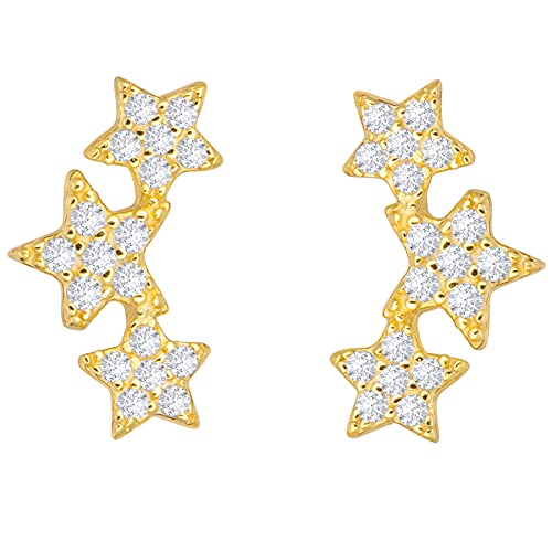 Sterling Silver Cubic Zirconia Ear Studs | Gold Stud Earrings with CZ | 18K Gold Plated Sterling Silver Earrings | Dainty Silver Three CZ Stud Earrings