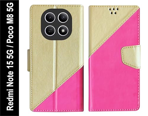 Image of SBMS Flip Cover for Redmi Note 15 5G Poco M8 5G Back Cover Case with Magnatic Closure | Genuine Leather Finish | Inbuilt Stand | Card & Money Pocket | Wallet Style Flip Back Case Cover (MultiPink)