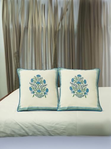 Image of Guldaan Hand Block Printed Cushion Cover Set | Cushions Cover for Home & Office | 100% Cotton Fabric | Size - 16 x 16 Inches | Pack of 2 Cushion Covers | Color - White