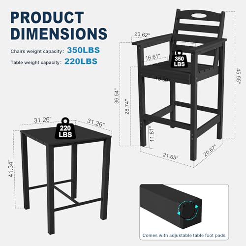 Image of Domi Patio bar Table and Chairs Set of 3, Adirondack bar Height Outdoor Table and Chairs, All-Weather HDPE Outdoor Bar Set for Poolside, Patio, Backyard, Black