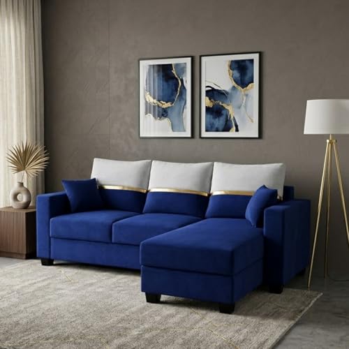 Image of Furny Arvea 4 Seater Fabric RHS L Shape Sofa Set (Blue) | Soft Velvet Fabric | Modern Design | Comfortable Seating | Living Room Furniture