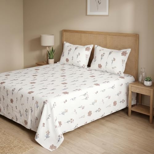 Image of HOMEMONDE King Size Bedsheet | Cotton Flat Sheet with Two Pillow Cover | 186 TC |Floral Design| All-Season Soft Bedsheet for King Bed (108 x 108 Inch /274 x 274 cm, Prairie Charm)