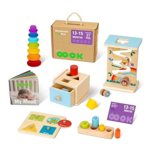 Image of OOOK Montessori Toys for 1 Year Old, 6 in 1 Wooden Educational Toys for 1 Year Old with Cylinder Block, Ball Drop, Nesting Cups, Sorting Drop Box and More. Perfect Montessori Gift for 12-18 Months.