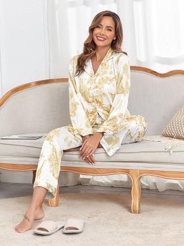 Image of Brosloth Women's Silk Satin Pajamas Pjs Sets Cute Lace Pattern Two Piece Loungewear Set Button Up Pajamas Sleepwear Black