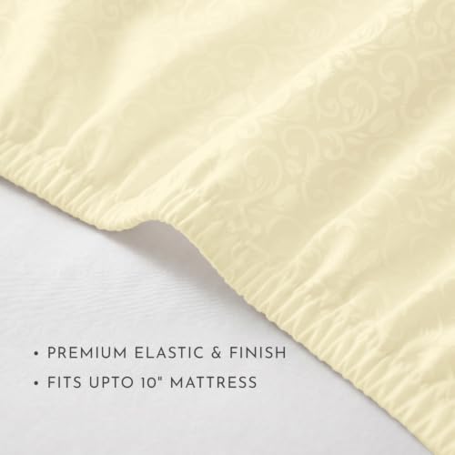 Image of Blue Dahlia 100% Cotton, King Size /Double, Elastic Fitted Bedsheet (72 inchx78 inch) + 2 Pillow Covers, Fits Upto 10 inch Mattress, 300TC Premium Bedsheet, Blooming Coral Jacquard Pattern - Ivory