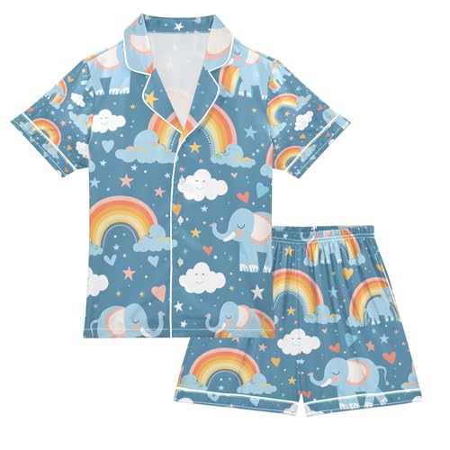senya Elephants Rainbow Satin Summer Pajama Sets Silk Short Sleeve Button Down Sleepwear