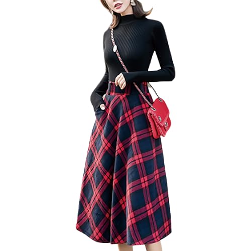 and Winter high Waisted mid Length Plaid Woolen Woolen Skirt with Large Swing3
