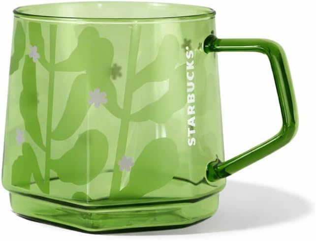 Starbucks Botanical Glass Mug 12 oz – Green Transparent Glass Coffee Mug with Floral Botanical Design & Handle