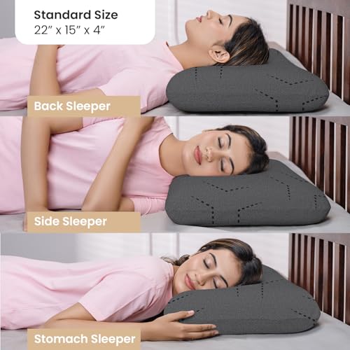 MY ARMOR Ventilated Cool Gel Memory Foam Pillow | 2 Years Warranty | Orthopedic Pillows for Neck Pain Relief, Standard Size - 4 Inch High with Grey Colour Pillow Cover - Set of 1