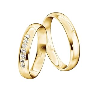 JC Trauringe Gold 333 Bicolor paar gepolijst I partnerringen geelgoud met gravure in luxe doos I 2 trouwringen herenring zonder & damesring met zirkoniasteentjes I ICT35