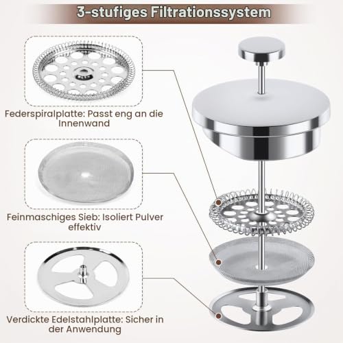 NVIYAM Kaffeebereiter French Press Edelstahl, 1000ml French Press, Doppelwandig Isoliert Kaffeepresse, Kaffee Französische Presse für Haus, Camping und Büro – Bild 2