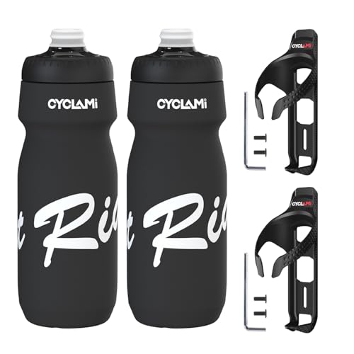 2 Pack CYCLAM Bike Water Bottles with Holder Combo，Lightweight BPA Free Leakproof Cycling Water Bottles Sports Squeeze Bottle 650ml for Bicycle Road Mountain Bike (White with Cages)
