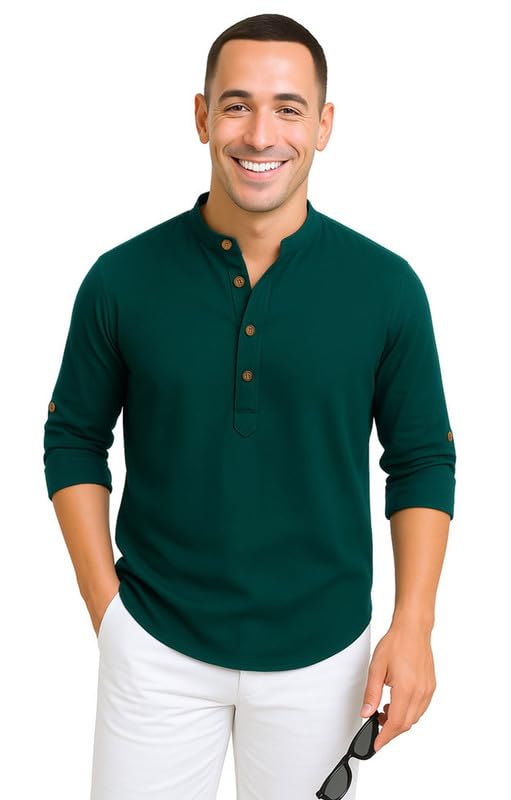Image of DEEMOON Men's Cotton Blend Solid Regular Fit Full Sleeve Short Kurta | Men's Trendy Short Kurta