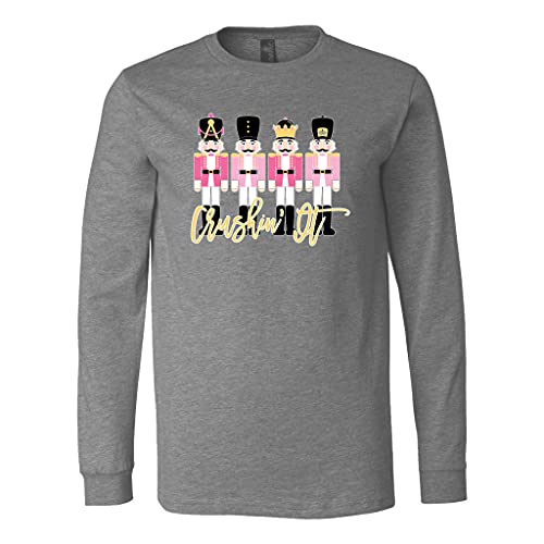Crushin It Nutcracker Christmas Shirt, Christmas Holiday Shirt, Long Sleeve Christmas Graphic Tees (L, PINK - DARK SKIN TONE)