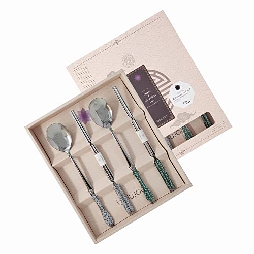 BALWOO [Made in Korea] Goryeo Celadon Design Korean Table Sticky Rice Spoon and Chopsticks 430 Stainless Steel Glossy Surface Mukbang Cutlery (White and Blue)