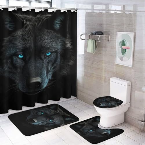 Dark Night Black Wolf Shower Curtain Set for Bathroom, 4Pcs Rustic Retro Style Bathroom Sets with Non Slip Rugs, Toilet Lid Cover, Bath Mat, Shower Curtain, Bathroom Decor