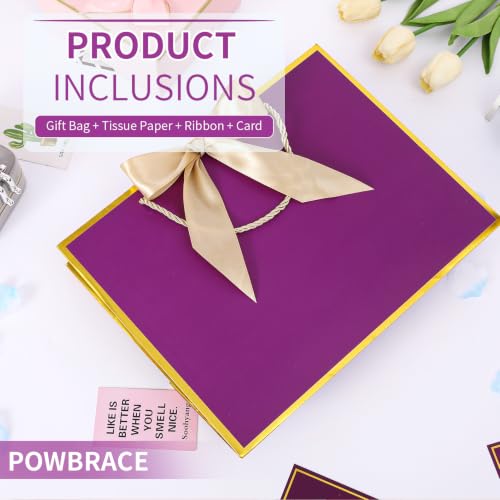 Image of Powbrace 13 inch Medium Purple Gift Bag Set with Handle - 2 Bags Featuring Bows, 4 Tissues, and 2 Greeting Cards for Wedding, Baby Shower, Father's Day, Mother's Day, Birthday Party