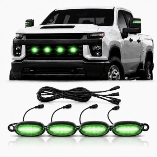Image of Car Front Grill Set of 4 Pcs Universal Smoked Shell Style DRL Emergency Warning Off-Roading Lights (4 X 4) for All Cars, Vans, SUV, Trucks (Green)