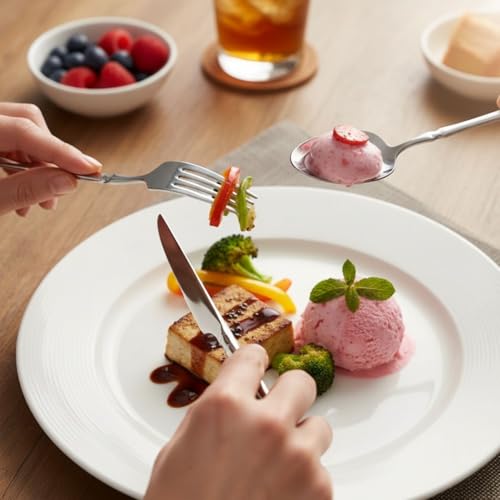 Image of 25 Pcs Silver Cutlery Set for Dining Table the Perfect Lightweight Silim Handle Tableware Including Dinner Spoon, Dinner Fork, Dinner Knife, Dessert Spoon & Dessert Fork
