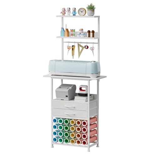 VENNQD Stand Compatible with Cricut Maker and Cricut Explore Air Series Craft Organizers and Storage with 2 Fabric Drawer and Shelves Crafting Table with Vinyl Roll Holder Workstation White