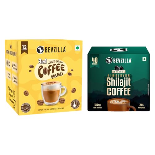 Image of Bevzilla Original Himalayan Shilajit Coffee (40 X 2.5g) with Assorted Instant Coffee Premix (12 X 14g) | 100g Shilajit coffee | Energy Boosting Coffee Combo