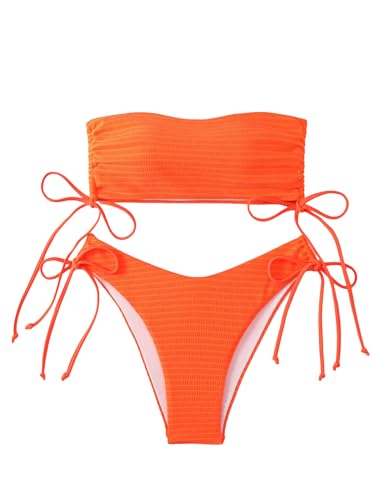 MakeMeChic Women's 2 Piece Swimsuit Floral Drawstring Bandeau High Cut Bikini Set Bathing Suits Orange Medium