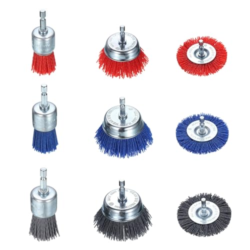 Image of HARFINGTON 9pcs Nylon Filament Wire Wheel Cup Brush for Drill, Abrasive Brushes Set with 1 /4 inch Hex Shank, 1 inch,3 inch, Used for Rust /Corrosion /Paint Removal and Scrub Surface
