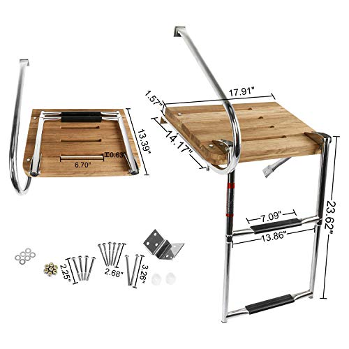 DasMarine Universal Outboard Teak Wooden Swim Platform Under Mount Fold Down 2 Step 316 Stainless Steel Ladder with Single Handrail(Mounting Screws are Included)