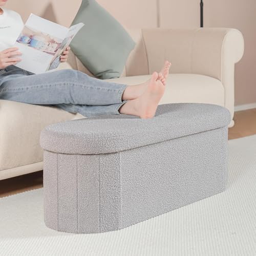 Image of B FSOBEIIALEO Ottoman with Storage for Living Room, Sherpa Folding Storage Ottoman Foot Rest, 43.3 Inches Collapsible Bedroom Bench Grey