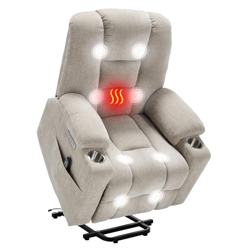 Image of Power Lift Recliner Chair for Elderly, Electric Lift Recliner with Vibration Massage and Lumbar Heating, Single Sofa Reclining Chair with Cup Holders Charging Ports, Chenille Fabric Beige