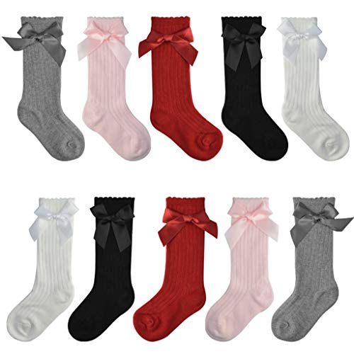 Marrywindix 5-Pack Knee High Socks Cotton Socks Sweet Bowknot Baby Girls Socks (2-4T)