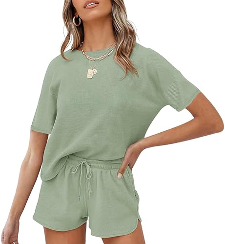 MEROKEETY Women's Short Sleeve Waffle Pajama Sets Lounge Top and Shorts 2 Piece Tracksuit Outfits