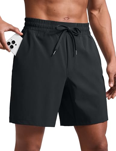 CRZ YOGA Men's Linerless Workout Shorts - 7'' Quick Dry for Running Sports Athletic Gym with Pockets Black Large