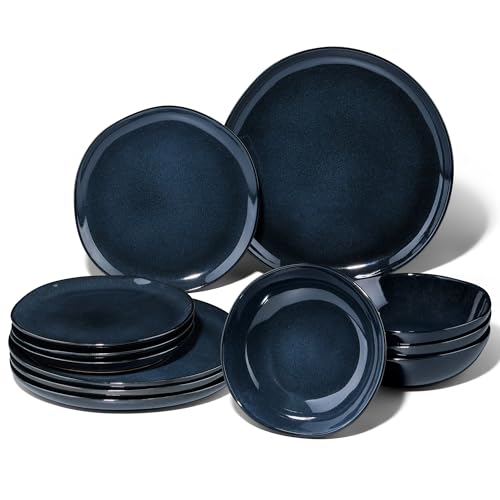 Joyfair Dinner Set, 12 Pieces Stoneware Dinnerware Set Service for 4, Reactive Glaze Irregular Shape Plates and Bowls, Chip & Scratch Resistant, Microwave & Dishwasher Safe, Nebulas Blue