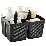 ALINK Duschkorb mit Holzgriff, Tragbarer Kunststoff Reinigungsmittelkorb mit 3 Fächern und Ablauflöchern, Duschablage Aufbewahrungskorb für Badezimmer, Küche, Studentenwohnheim, Schwarz
