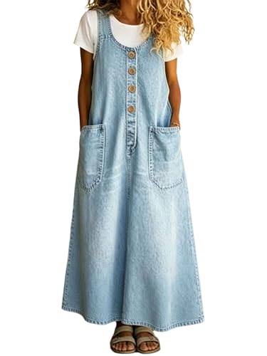 DLFE Sleeveless Denim Overall Maxi Dress (Light Blue,Small)