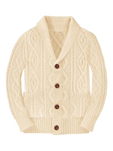 Boy's Sweater Cardigan Button Down Shawl Collar Cable Knitted Outwear Long Sleeve Sweater Coats with Pockets Apricot