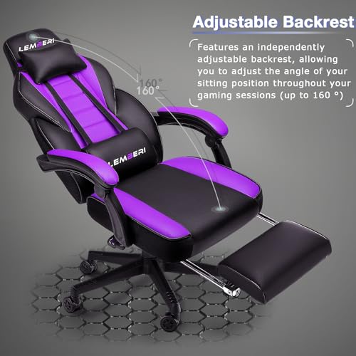 Image of LEMBERI Big and Tall Gaming Chair 400lb Capacity, Heavy-Duty Office Chair with Reinforced Footrest, Wide Seat High Back PC Desk Chair with Linkage Armrests, Thickened Steel Frame, PU Leather, Purple