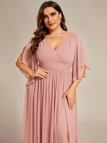 Image of Ever-Pretty Plus Women's Plus Size V Neck Half Sleeves Slit A Line Floor Length Bridesmaid Dress 01886-DA