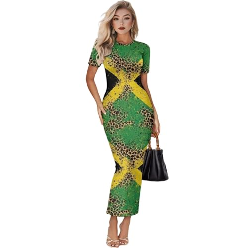 Image of Womens Short Sleeve Jamaican Flag Midi Bodycon Dress
