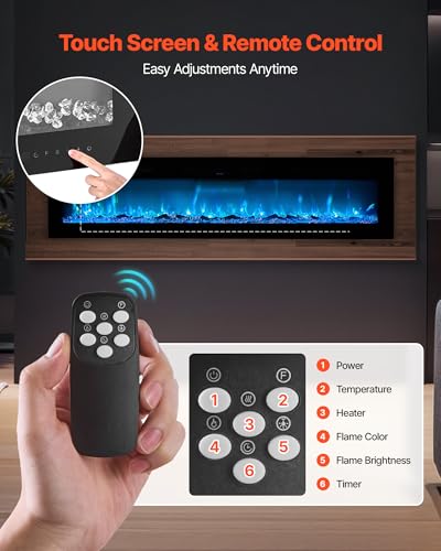 Image of VEVOR 60 inch Electric Fireplace, Wall Mounted Recessed Fire Place with Remote Control, Timer, 1500W, Adjustable Flame Color Brightness, Touch Screen, Overheat Protection, for Living Room,Bedroom